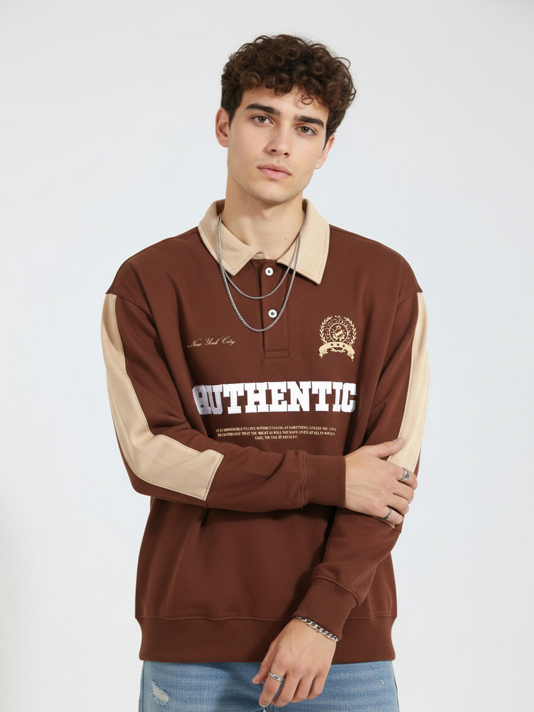 glitchez Typography Embroidered Shirt Collar Relaxed Fit Sweatshirt
