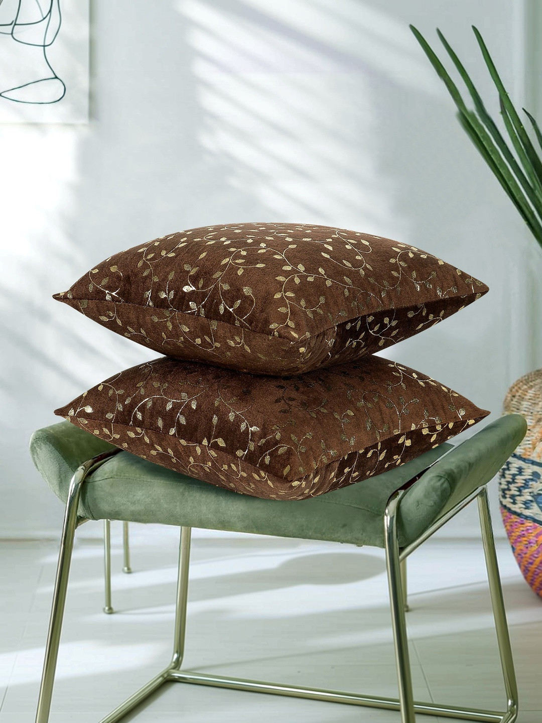 RD TREND Dark Brown Velvet Set of 2 Square Cushion Covers 18x18 Inch
