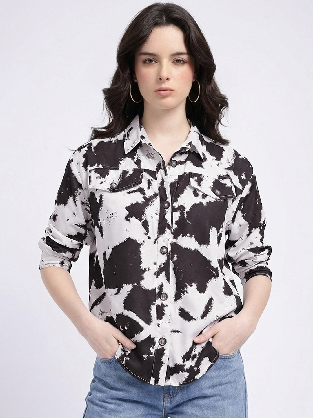 Abstract Print Relaxed Fit Shirt with Mock Pockets