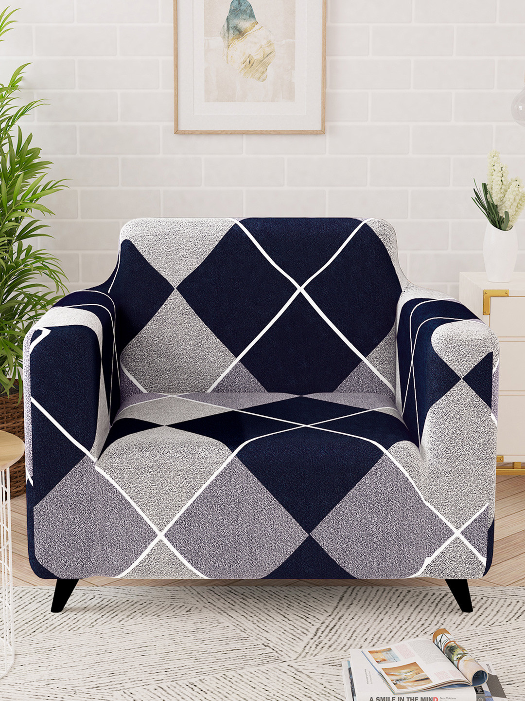 Story@home Blue Stretchable Geometric Polyester Straight Single Seater Printed Sofa Cover