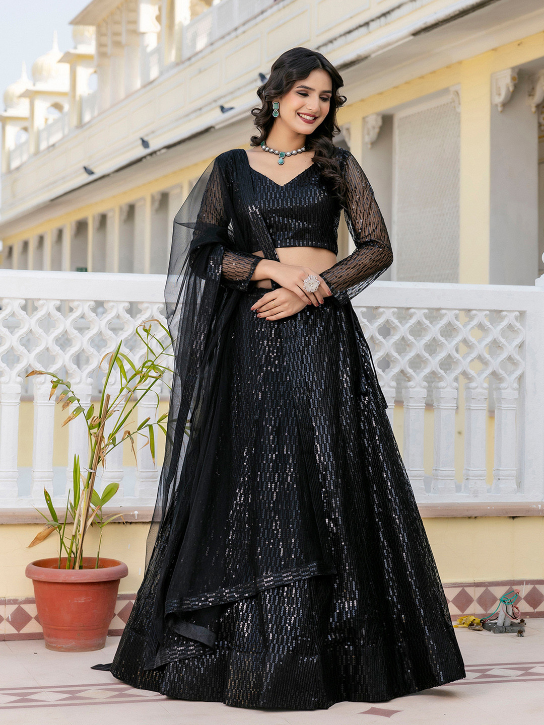 Trendmalls Embroidered Sequinned Semi-Stitched Lehenga & Unstitched Blouse With Dupatta