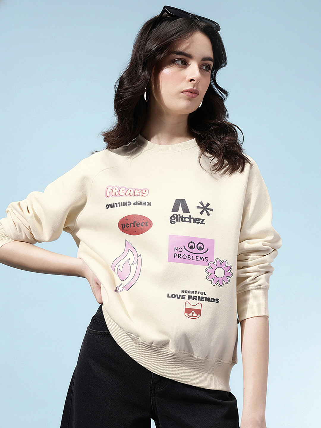 glitchez Typography Printed Raglan Sleeves Relaxed Fit Sweatshirt with Inner Fleece