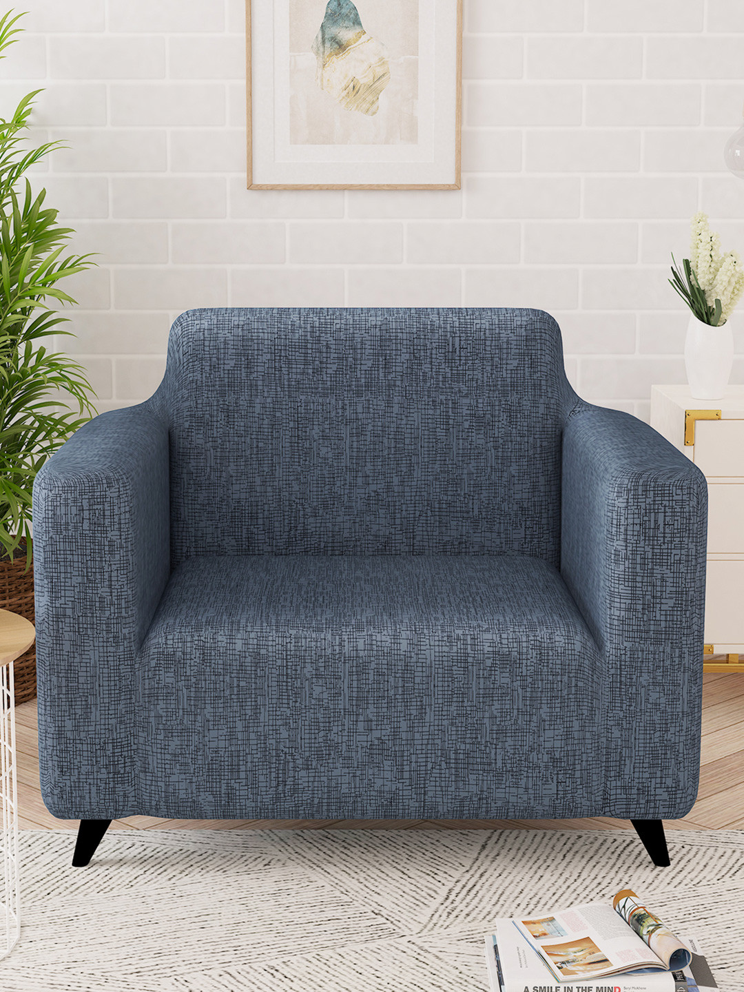 Story@home Grey Stretchable Geometric Polyester Straight Single Seater Printed Sofa Cover