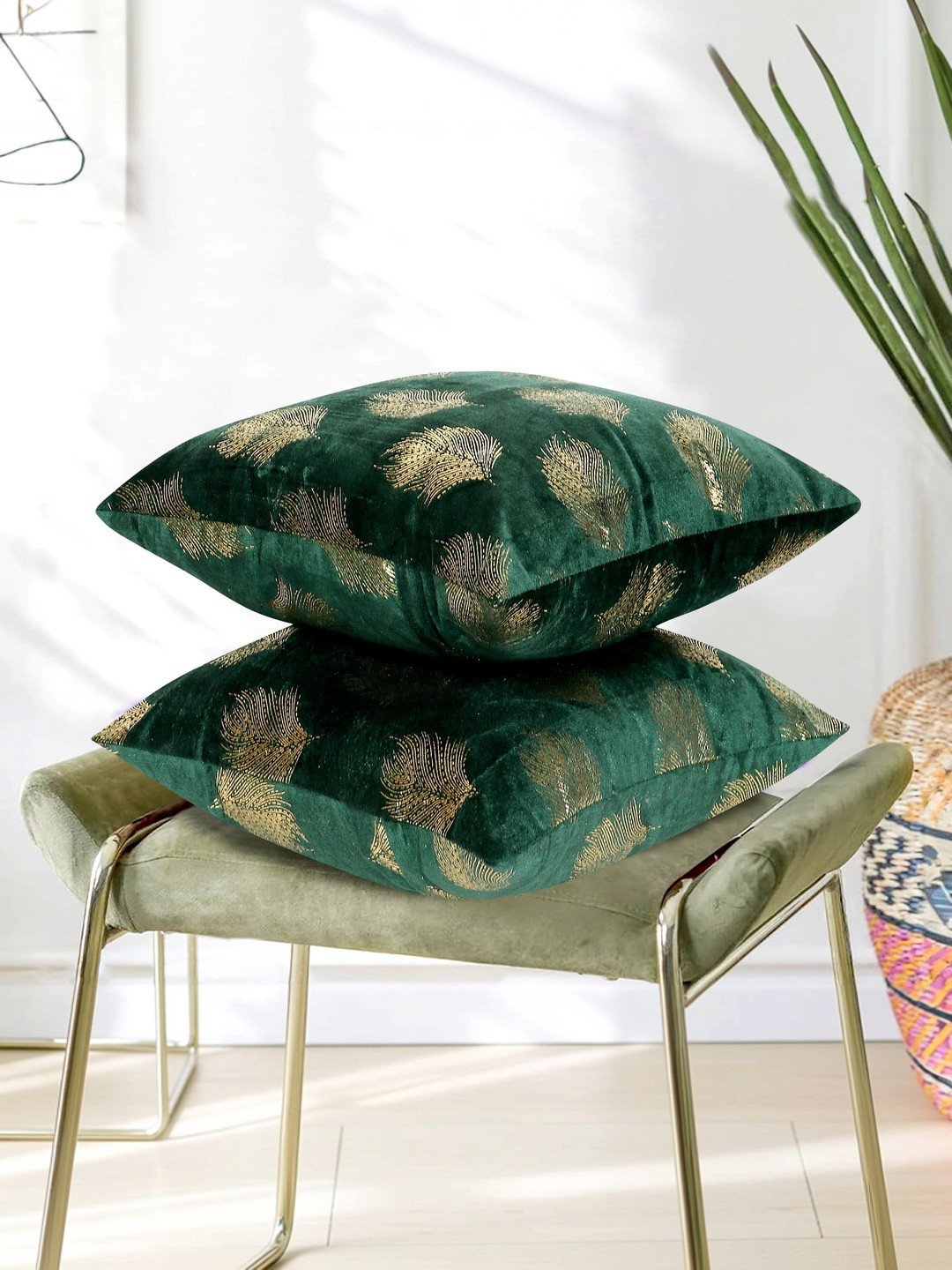 RD TREND Dark Green Velvet Set of 2 Square Cushion Covers 18x18 Inch