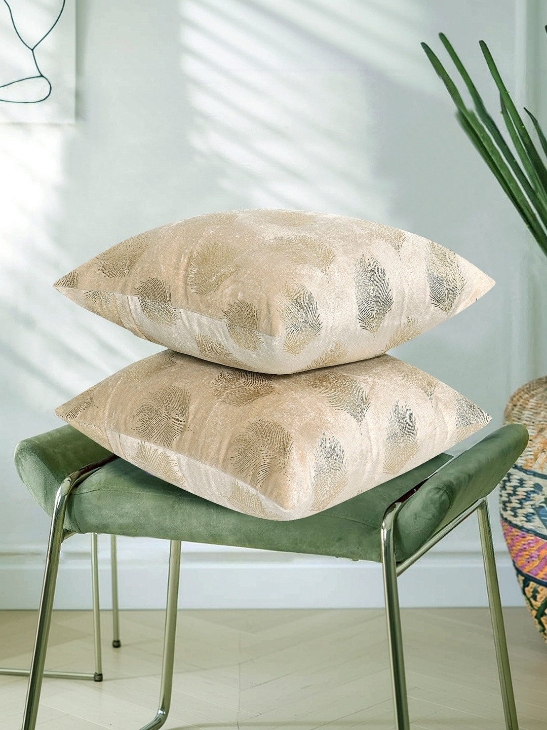 RD TREND Cream-Caramel Velvet Set of 2 Square Cushion Covers 16x16 Inch