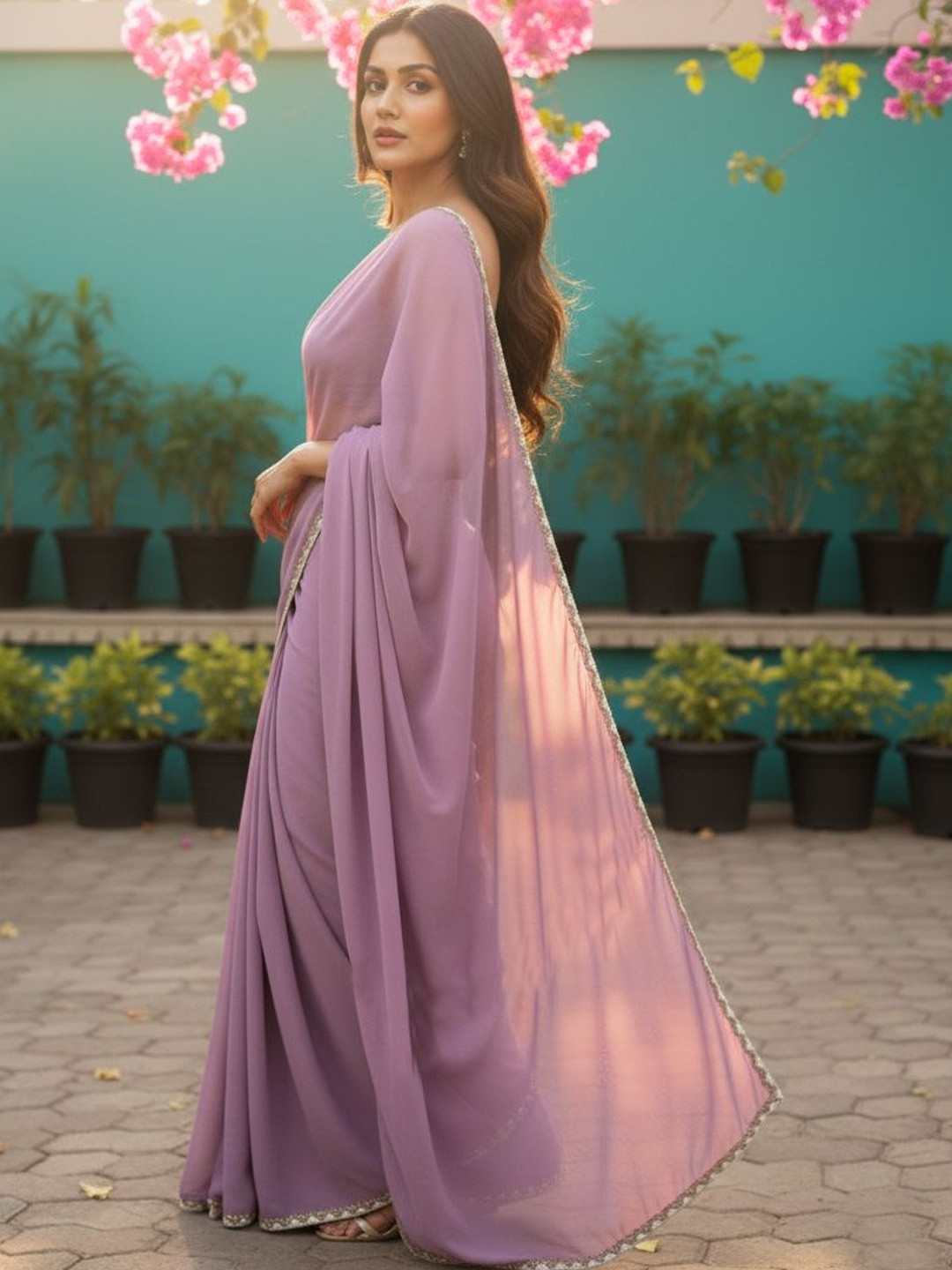 VEMEZ Beads and Stones Satin Saree