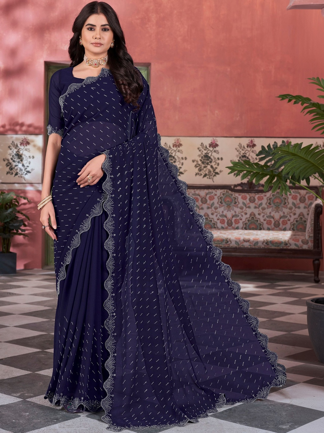 FABLAND Embellished Sequinned Poly Georgette Heavy Work Saree