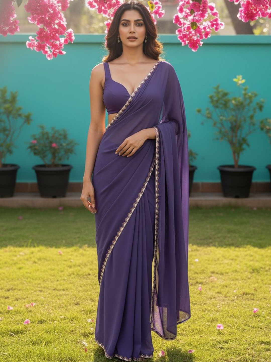 VEMEZ Beads and Stones Satin Saree