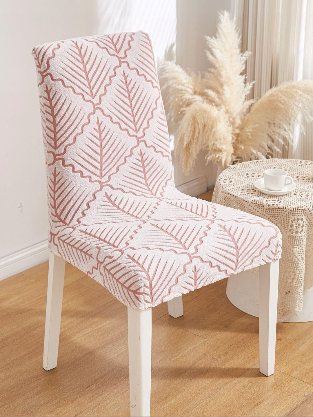 HOMETHREADS 4-Pcs Pink & White Self-Design Chair Cover