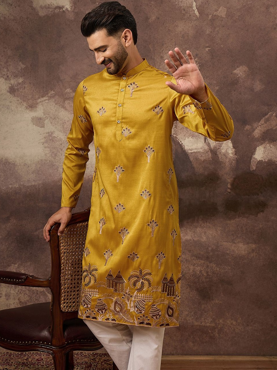 Ethnic Bay Men Ethnic Motifs Embroidered Regular Thread Work Kurta with Trousers