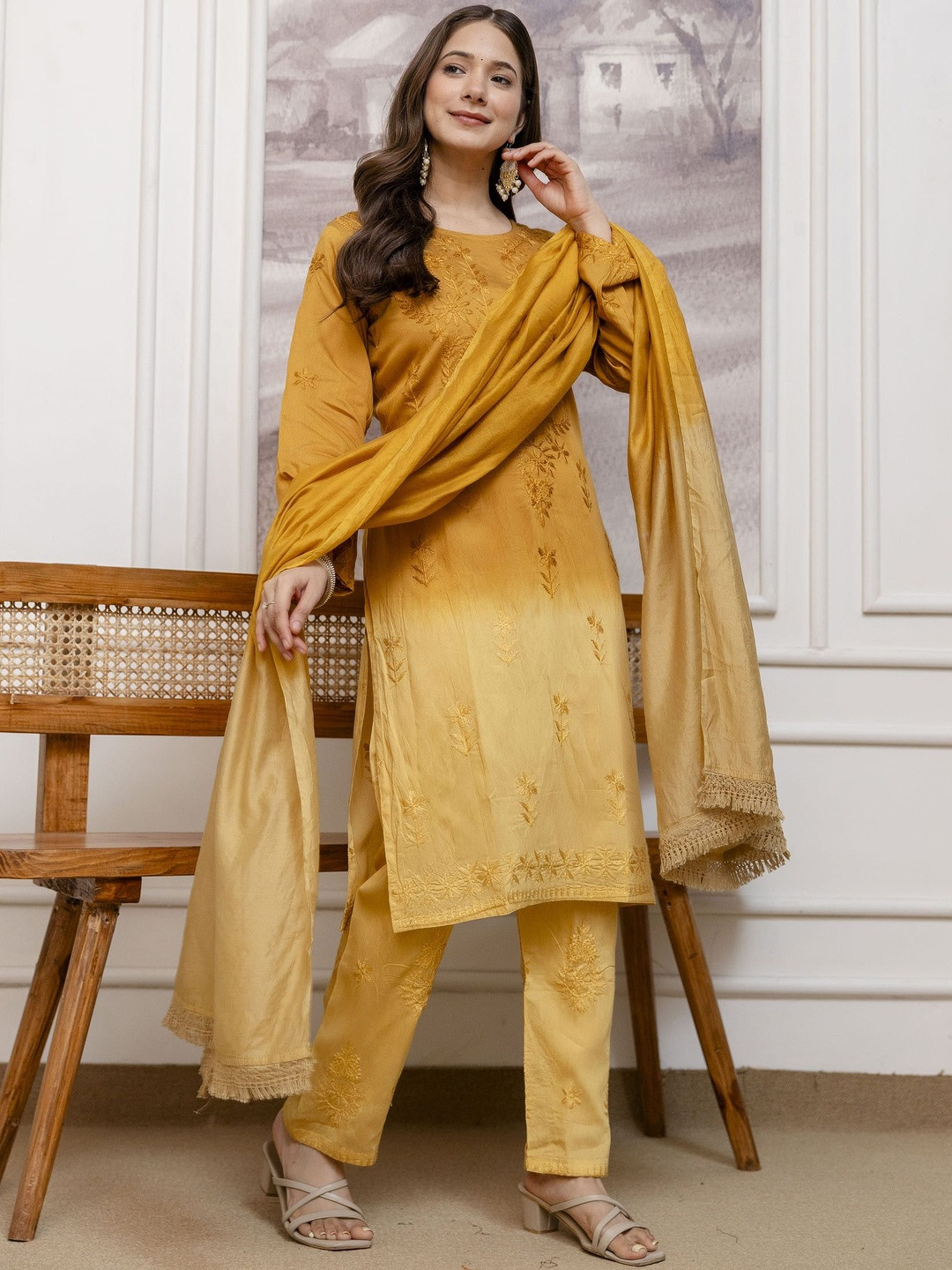 RUDRA LIFESTYLE Ombre Embroidered Thread Work Chanderi Silk Kurta with Trousers & Dupatta