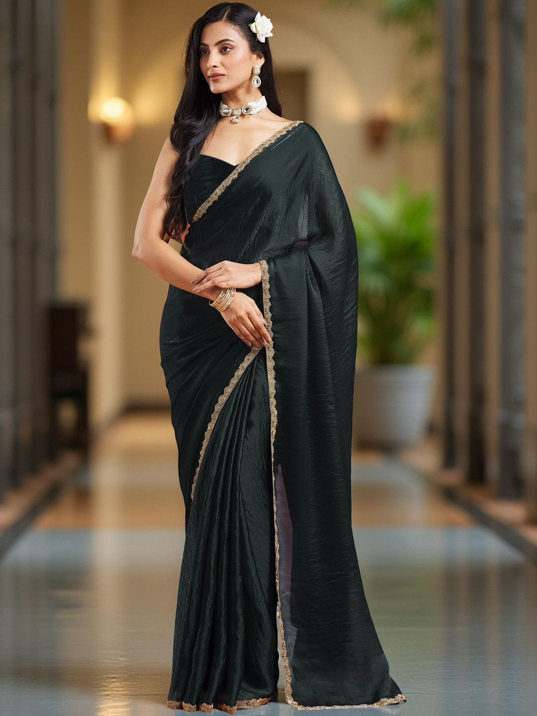 VEMEZ Beads and Stones Poly Chiffon Heavy Work Tussar Saree