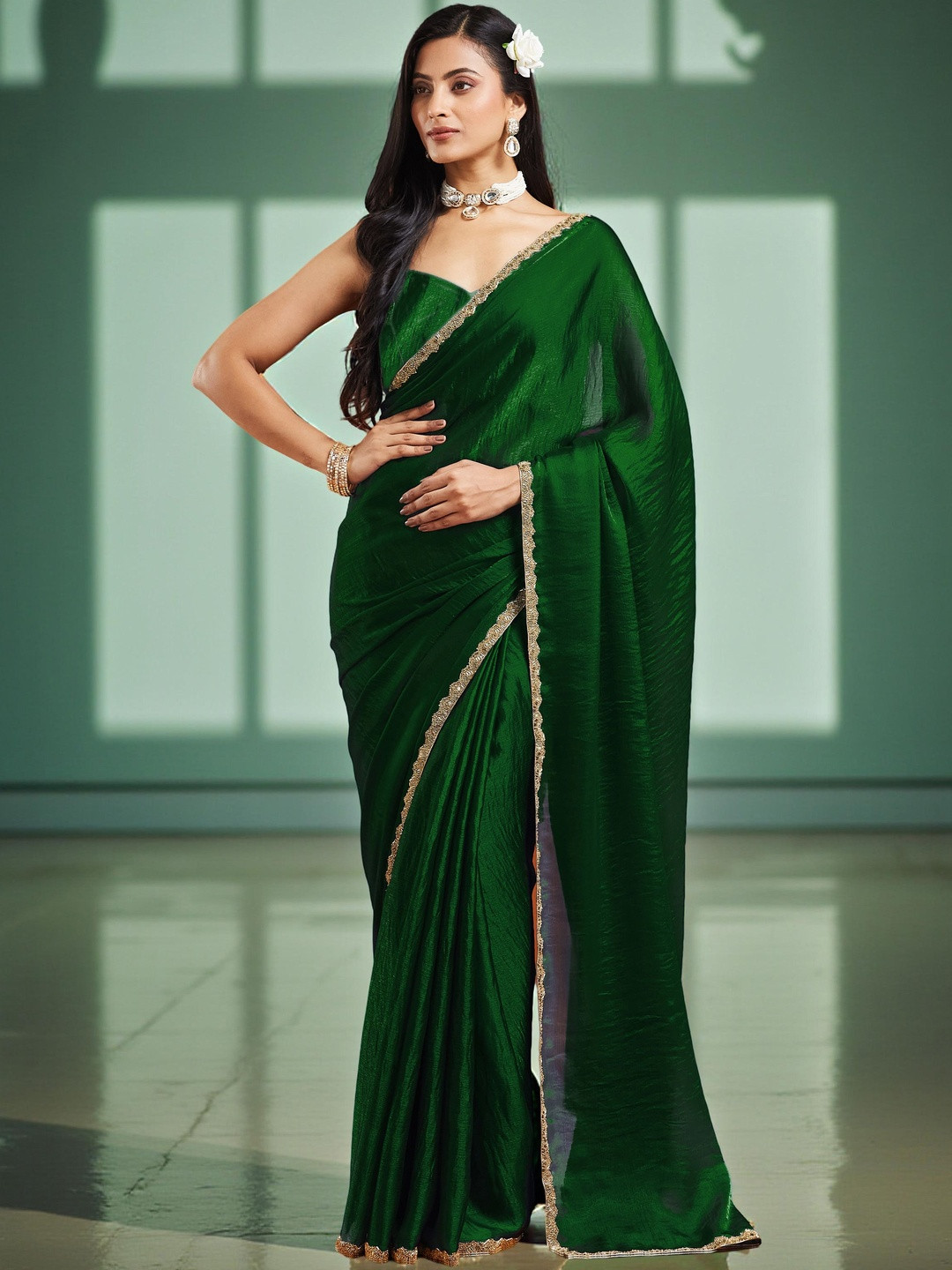 VEMEZ Beads and Stones Poly Chiffon Designer Tussar Saree