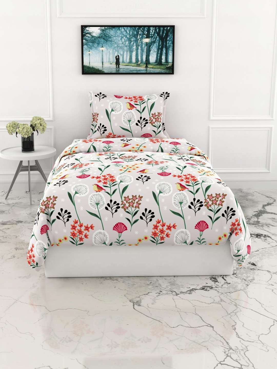 LORETO Grey Floral 144 TC Single Bedsheet with 1 Pillow Covers