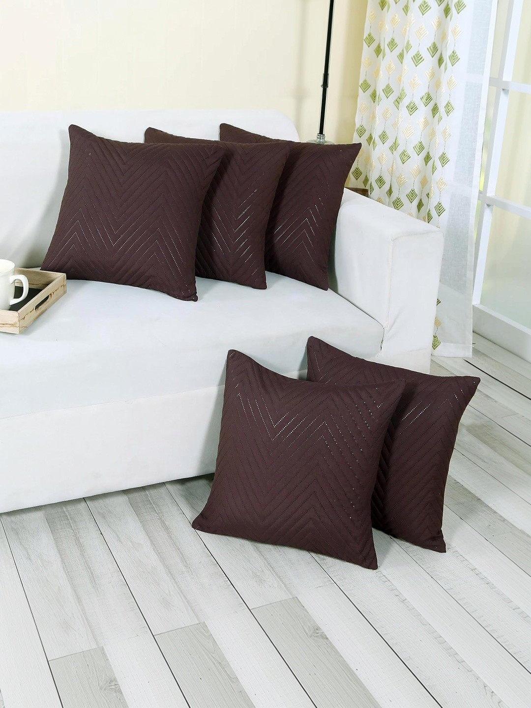 RD TREND Coffee Quilted Microfiber Set of 5 Square Cushion Covers 16x16 Inch