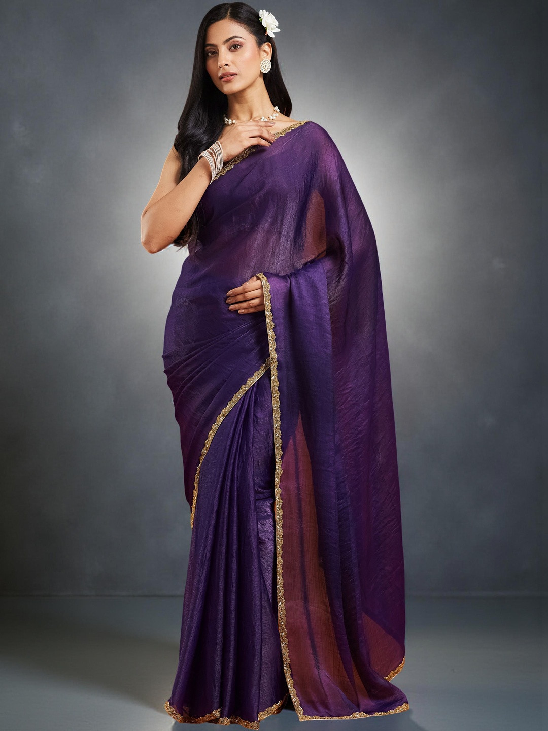 VEMEZ Beads and Stones Poly Chiffon Tussar Saree