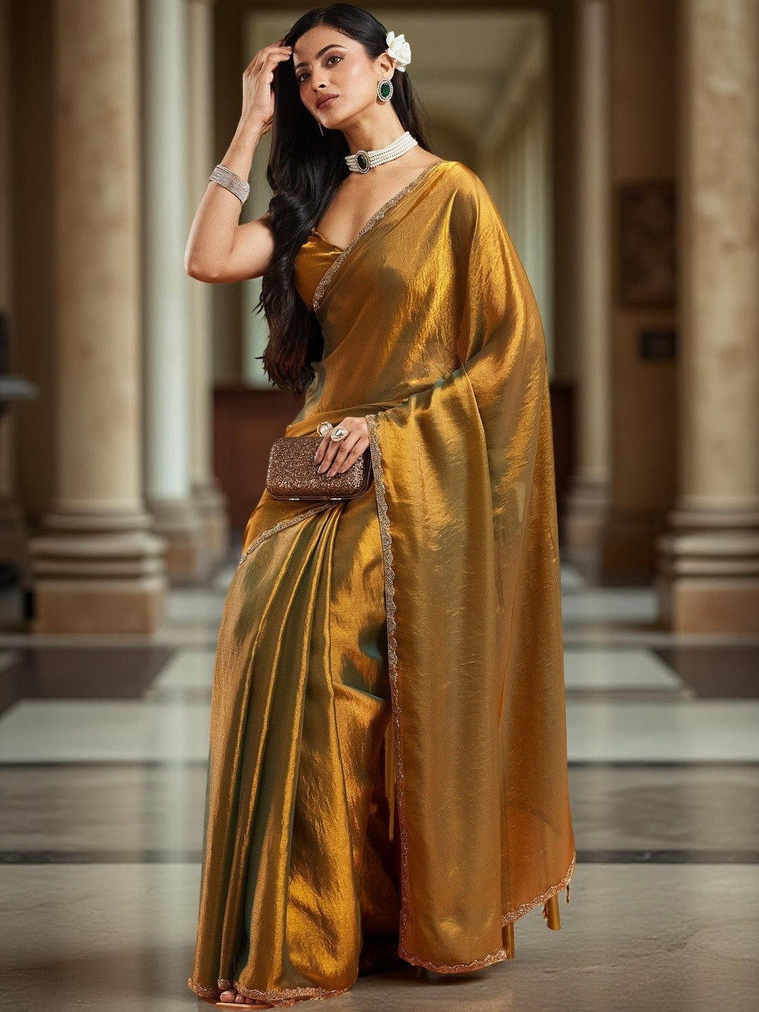 VEMEZ Beads and Stones Organza Designer Saree