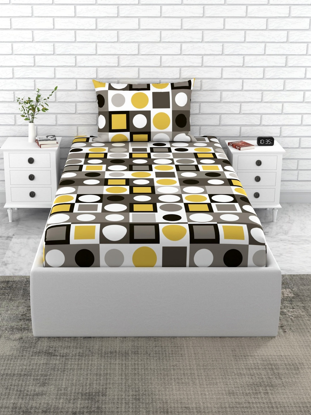 LORETO Multicoloured Geometric 144 TC Single Bedsheet with 1 Pillow Covers