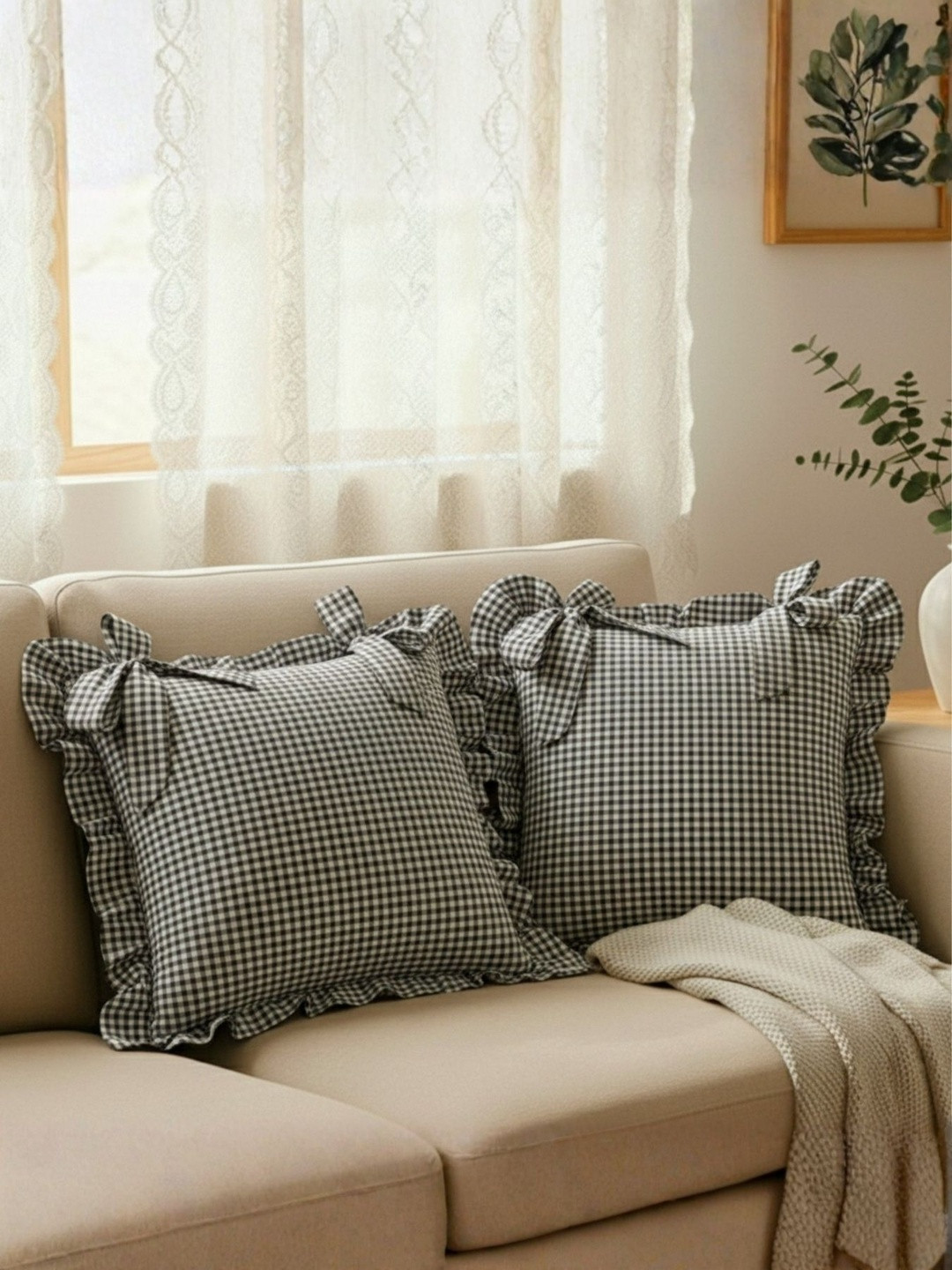 SLEEPY THREADS 2 Pieces Cotton Checkered Pattern & Frill Border Cushion Cover 16x16 inches