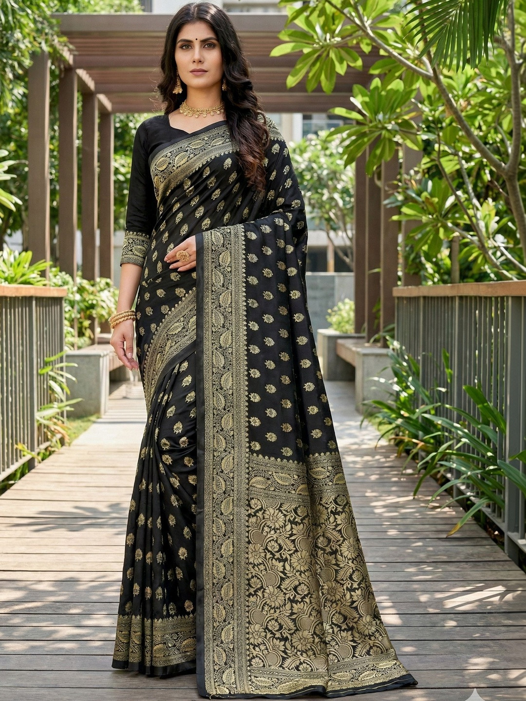 YUGAVEERAA Ethnic Motifs Zari Silk Blend Heavy Work Banarasi Saree