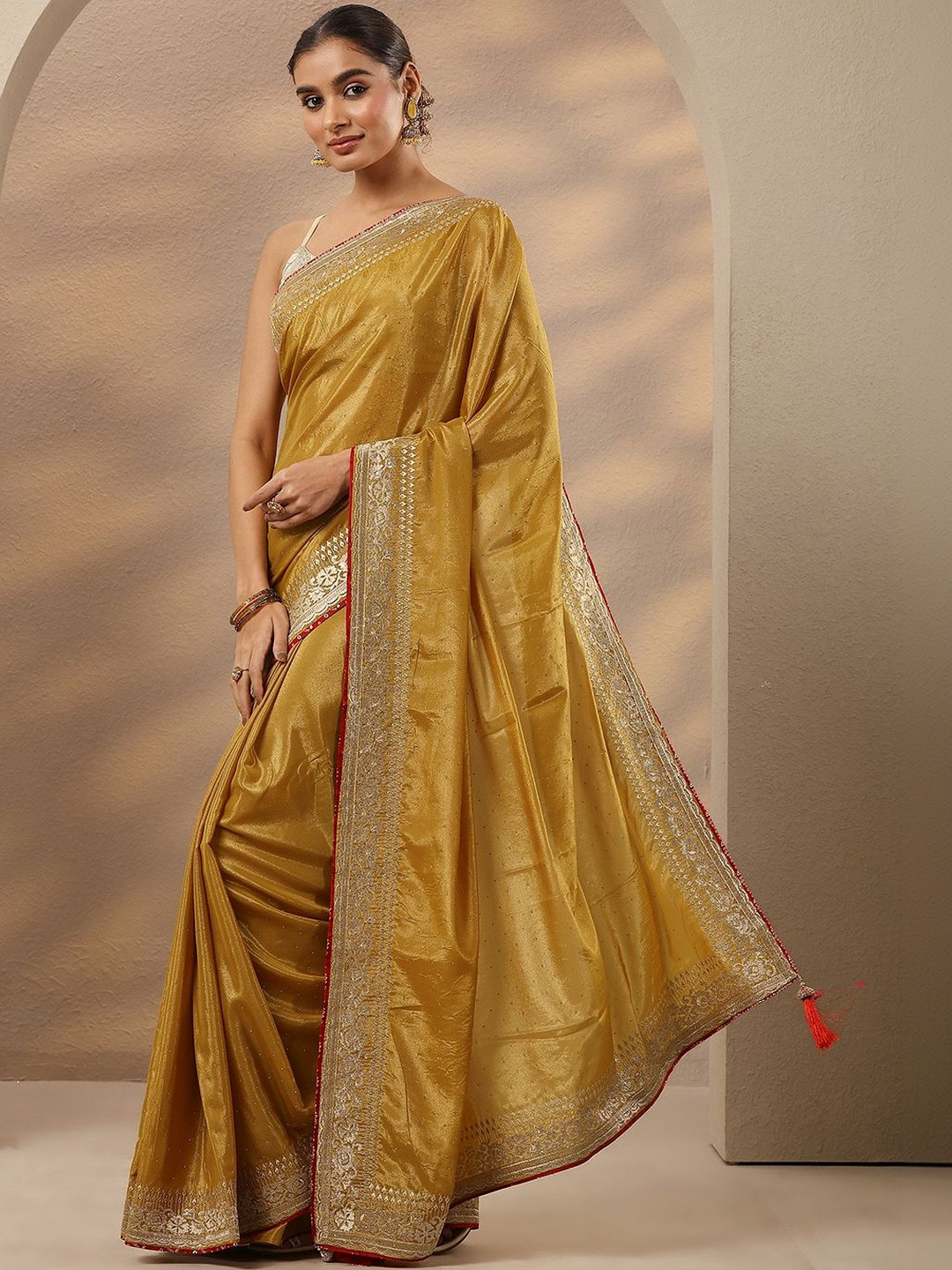 Libas Mustard Embellished Saree With Unstitched Blouse Piece