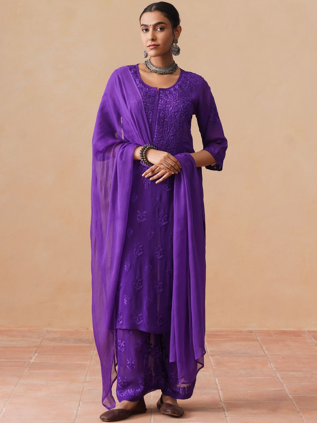SAZRIKA Women Ethnic Motifs Embroidered Regular Thread Work Kurta with Palazzos & With Dupatta
