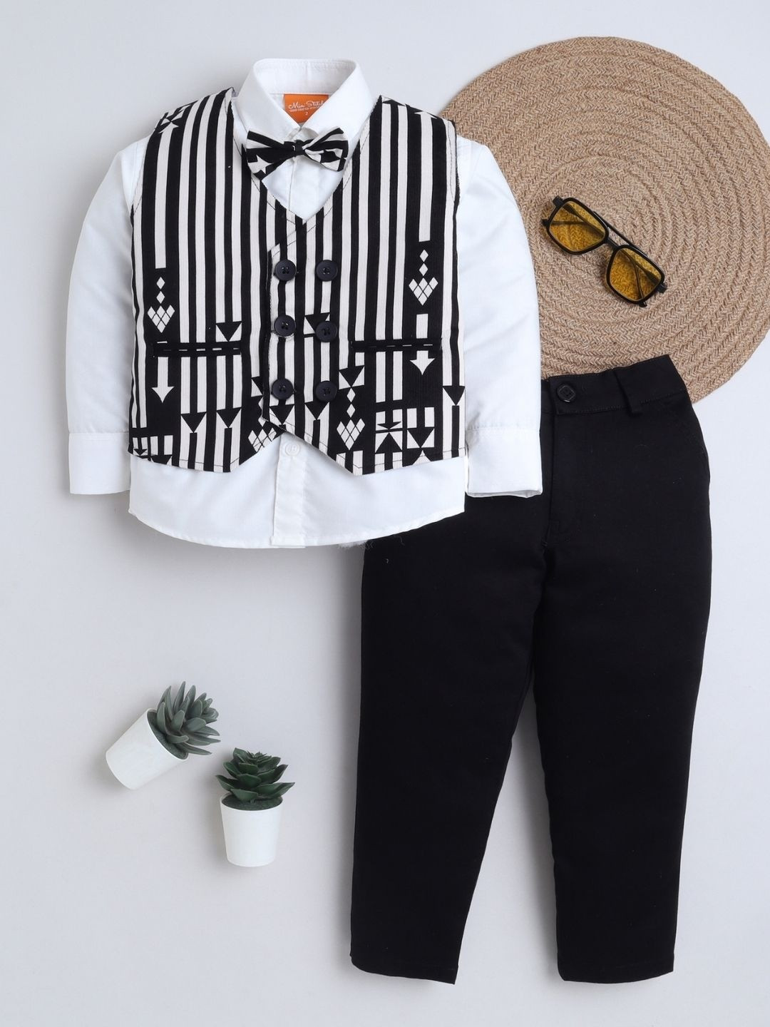 Ministitch Boys Black Single-Breasted 4-Piece Cotton Suits