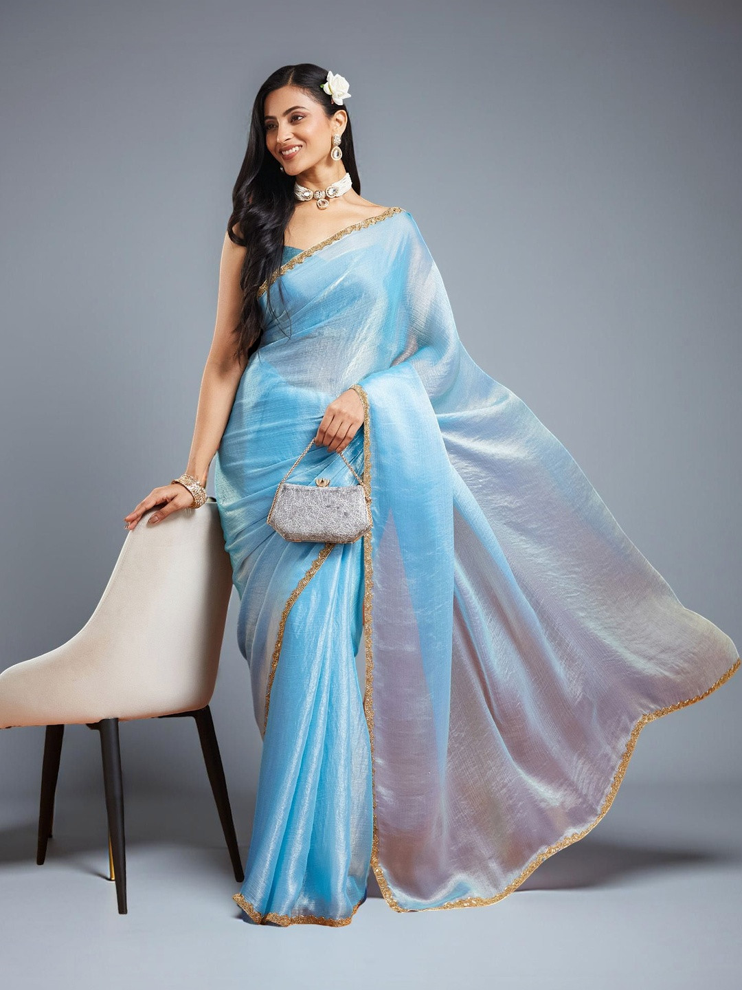 VEMEZ Beads and Stones Poly Chiffon Tussar Saree