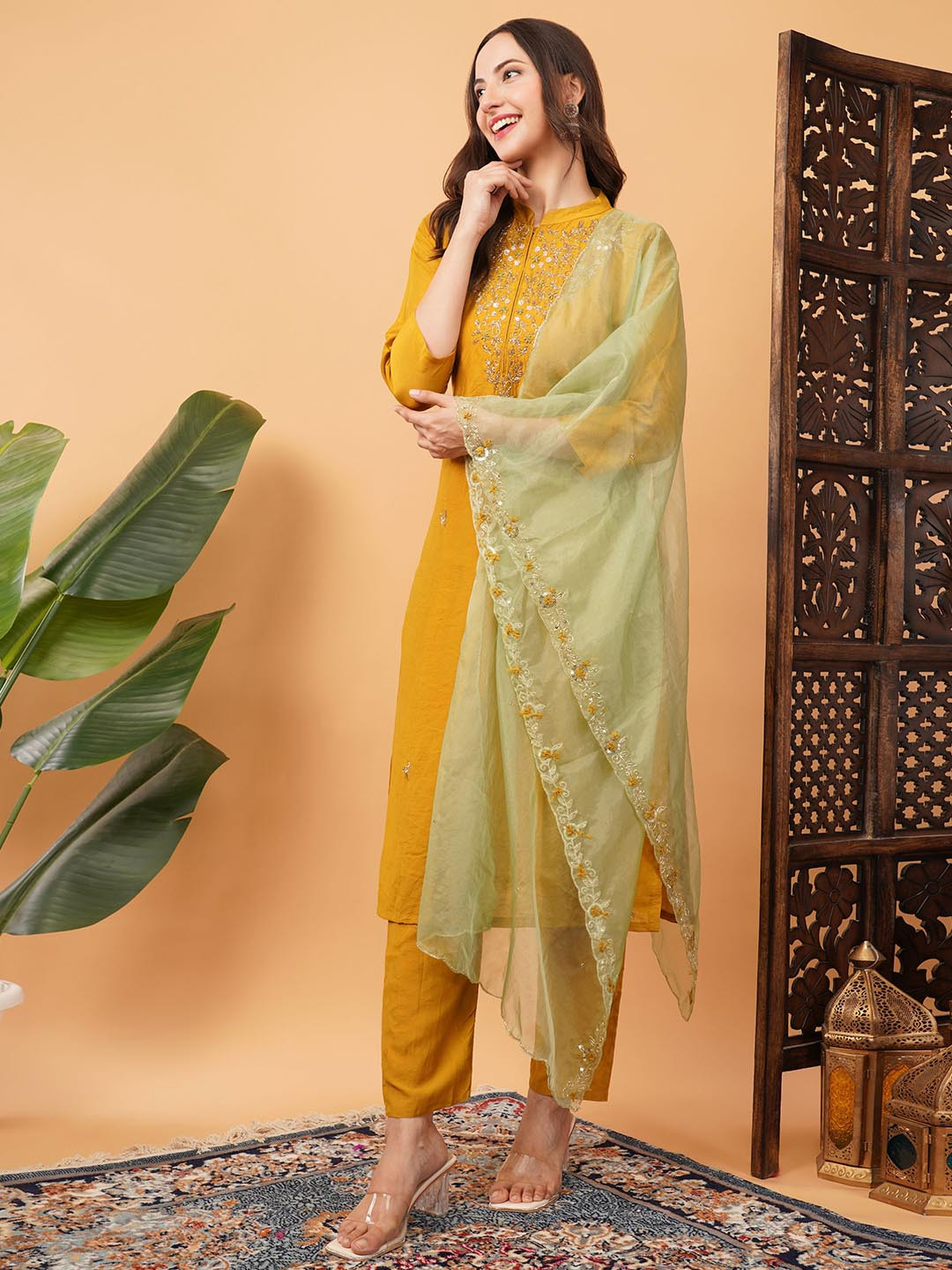 Prisachi Women Yellow Zardozi Embroidered Muslin Silk Mandarin Collar Kurta Pant Set