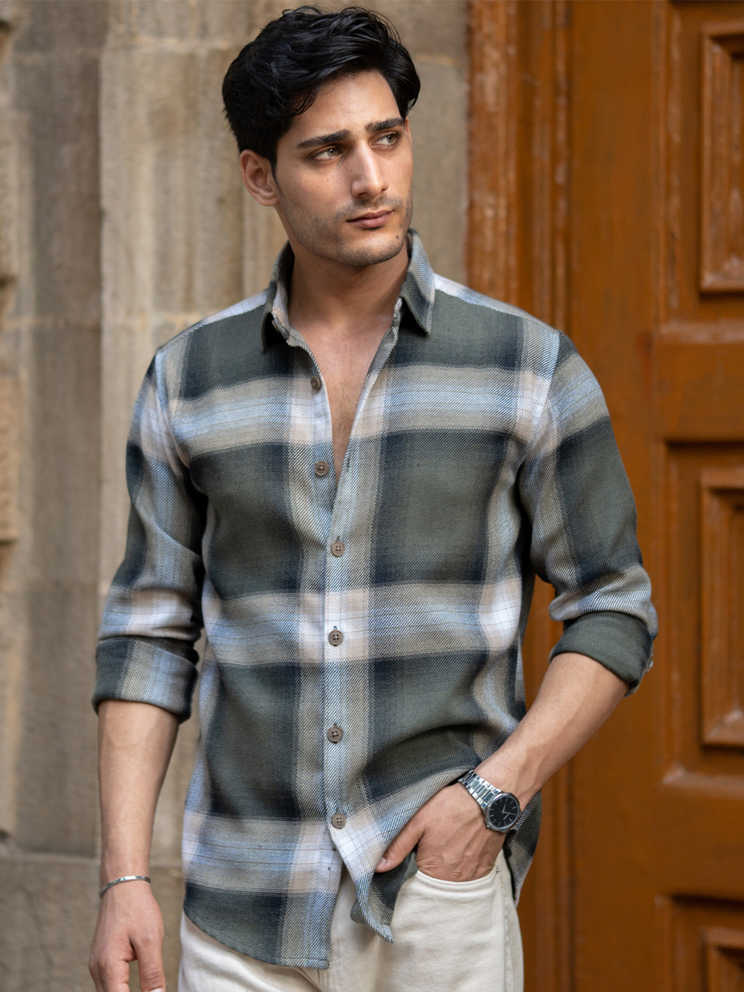 Powerlook Twill Checks Tartan Cotton Long Sleeves Shirt