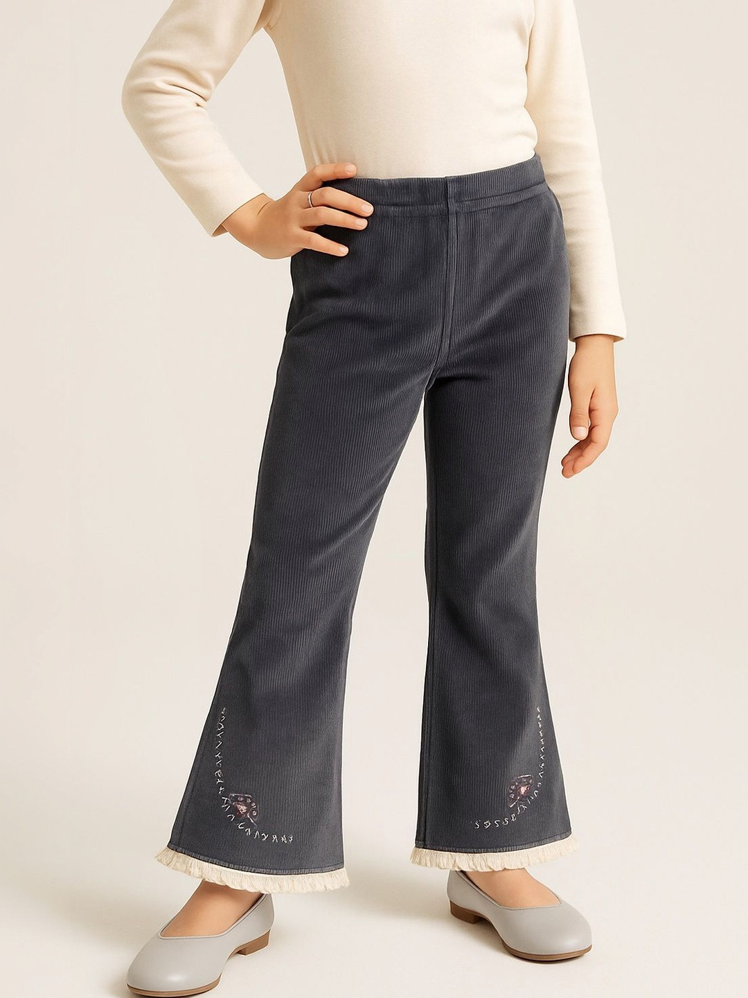 Thelittlebunny Girls Embroidered Polyester Flared Stretchable Trousers