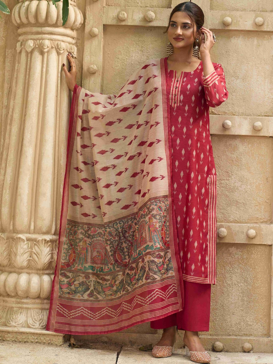 Ekana Women Printed Ikat-Inspired Motifs Mandarin Collar Kurta with Trousers With Dupatta