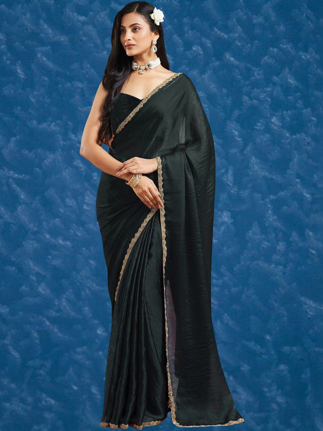 VEMEZ Beads and Stones Satin Mysore Silk Saree