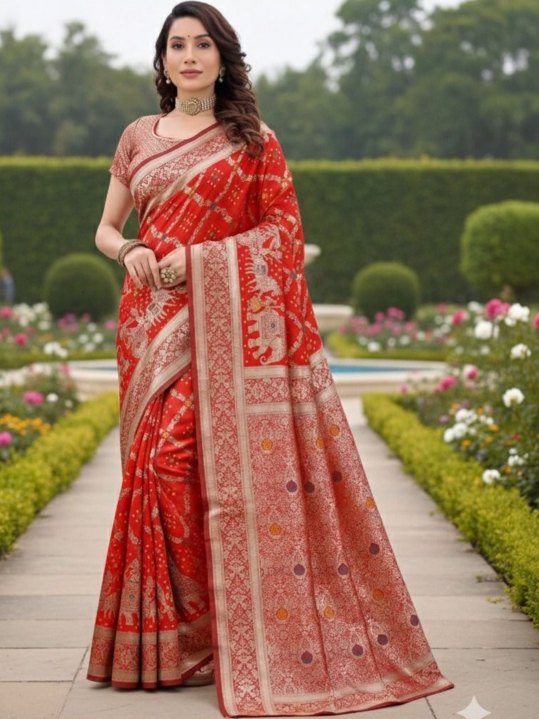 YUGAVEERAA Woven Design Zari Silk Blend Heavy Work Kanjeevaram Saree