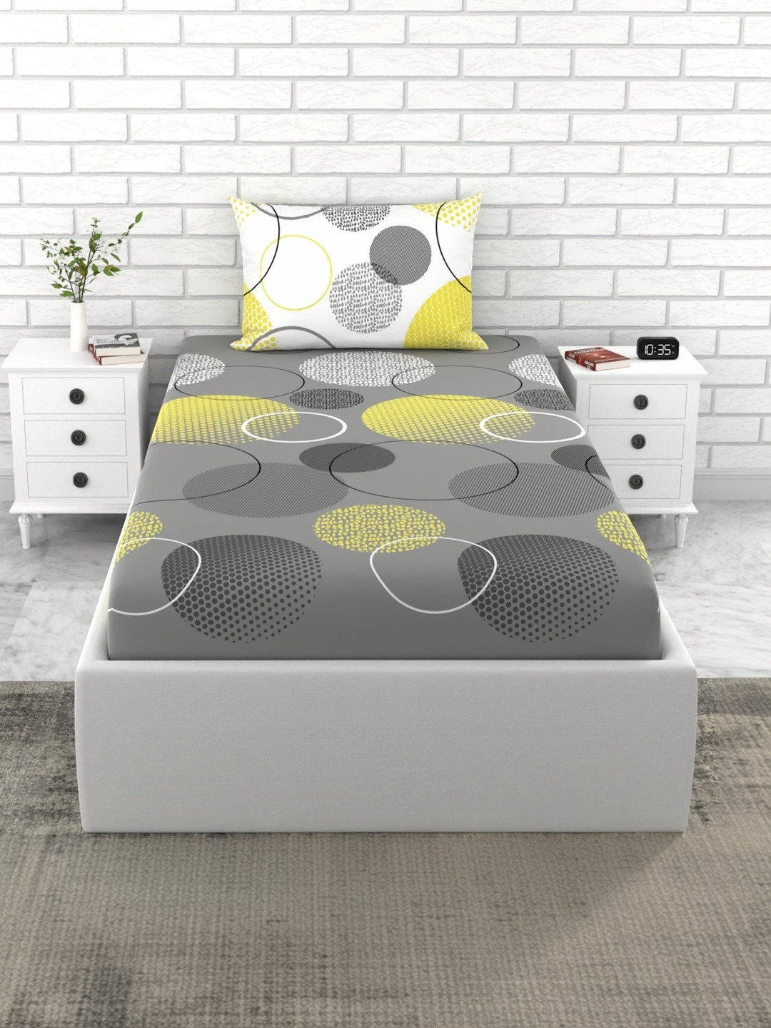 LORETO Grey 144 TC Single Bedsheet with 1 Pillow Covers