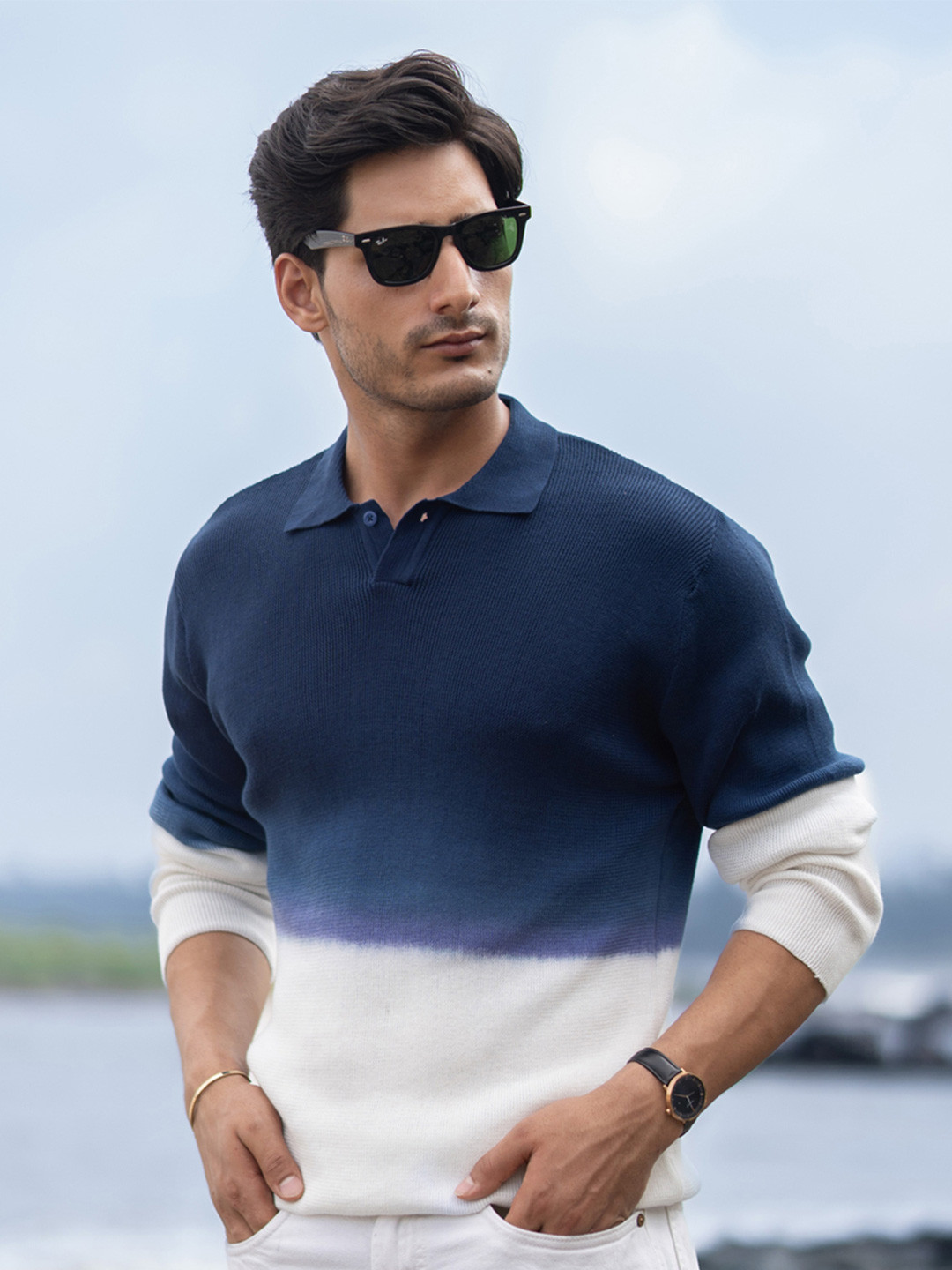 Powerlook Ss25 Dark Blue Tie And Dye Printed Ombre Pure Cotton Polo Collar Long Sleeves T-shirt
