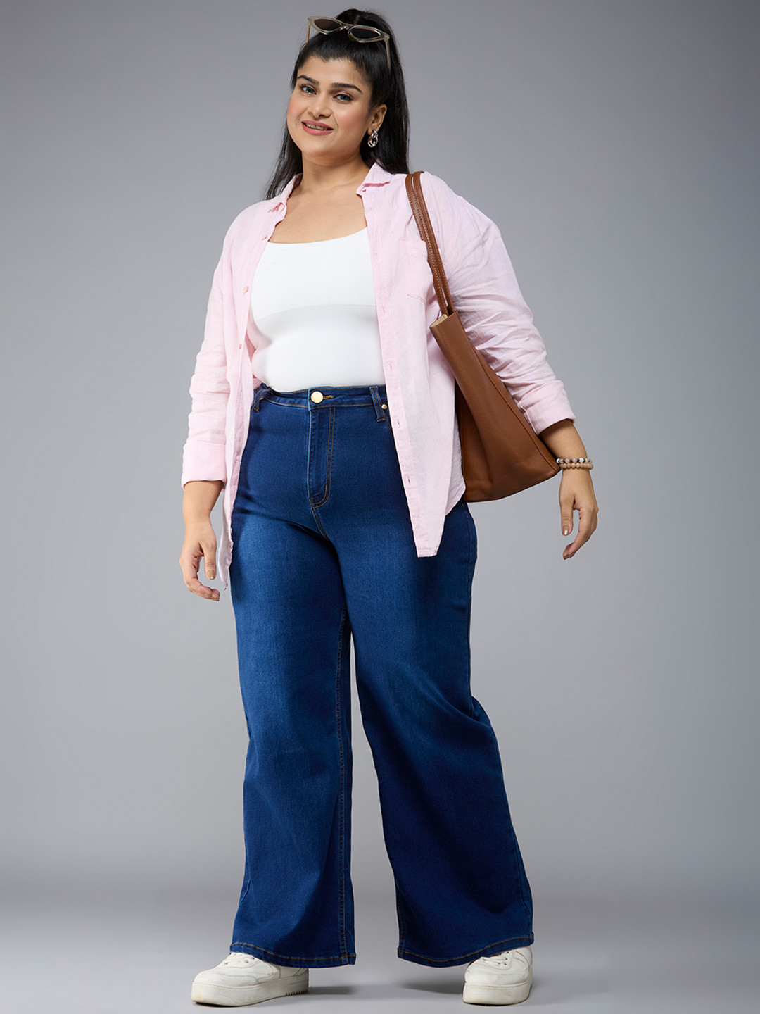 Style Quotient Plus Women Comfort Wide Leg High-Rise Light Fade Stretchable Jeans