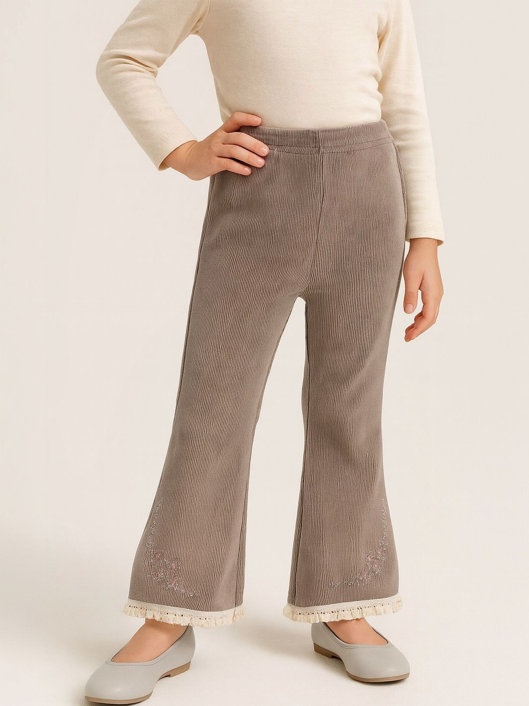 Thelittlebunny Girls Textured Polyester Flared Stretchable Trousers
