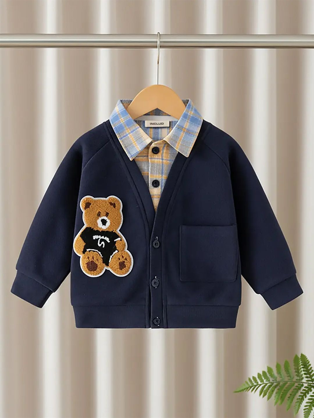 INCLUD Teddy Bear Navy Blue Checked Cardigan