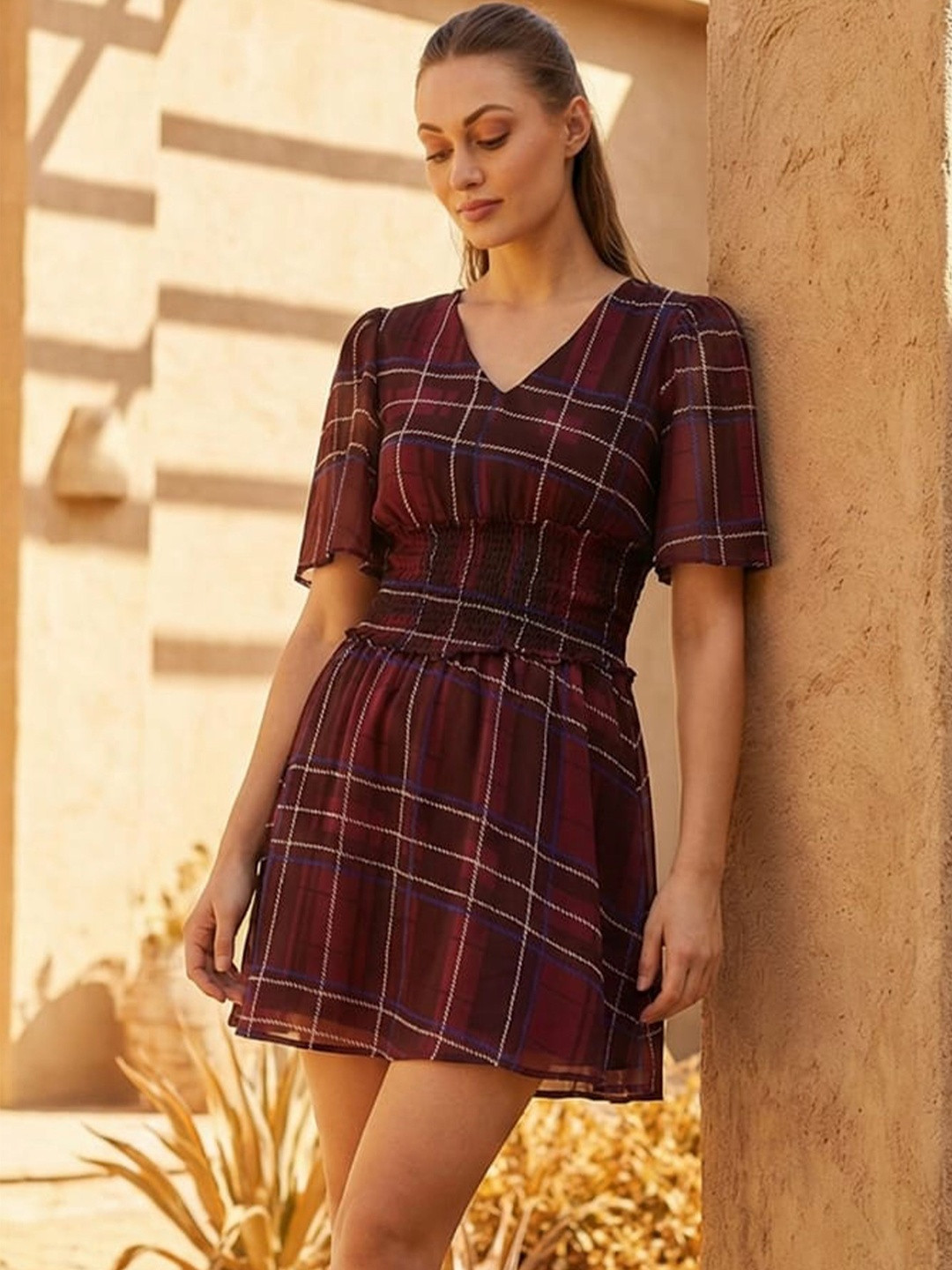 ZYNG Checked Georgette Fit & Flare Mini Dress