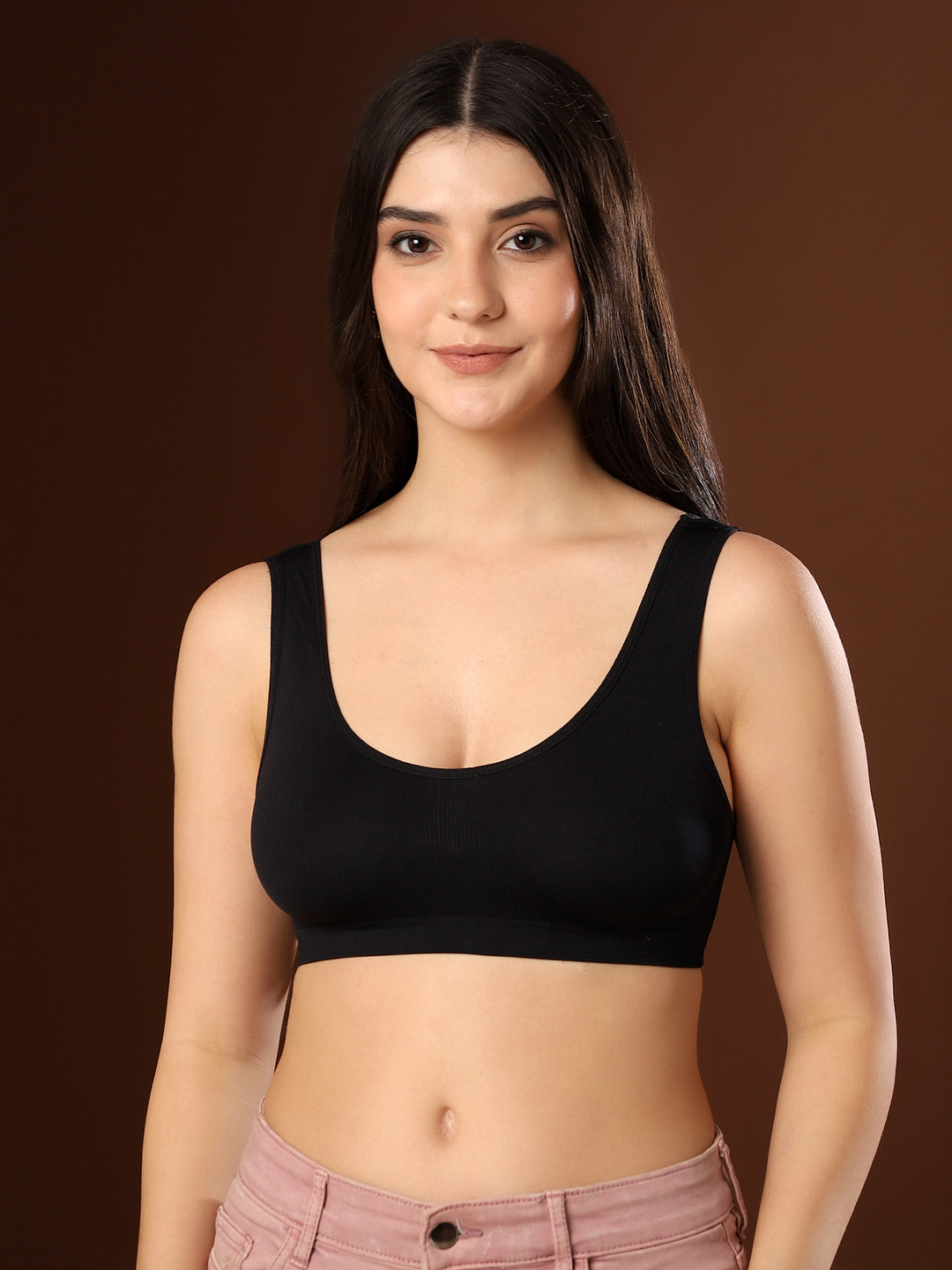 PAAVKI Solid Full Coverage Non-Wired Non-Padded Seamless Hosiery Sports Bra