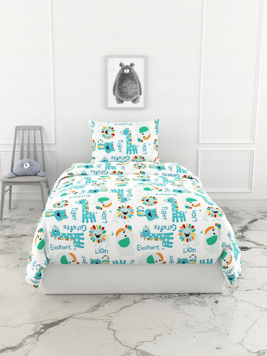 LORETO White Cartoon Characters 144 TC Single Bedsheet with 1 Pillow Covers
