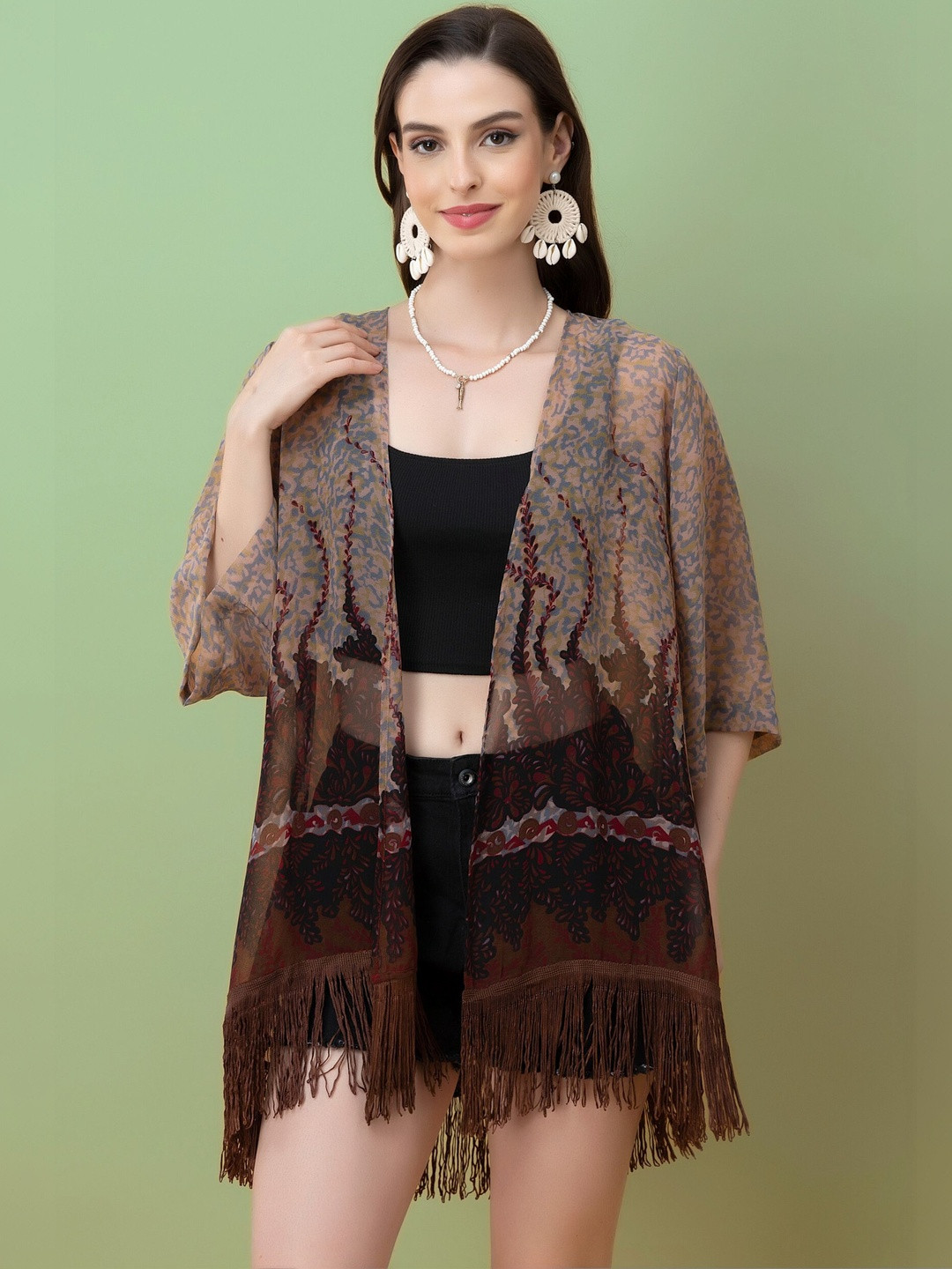 PURYS Women Printed Tasselled Shrug