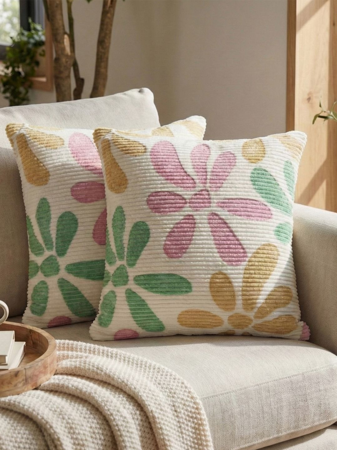 Kaleen India Multicoloured Set of 2 Floral Square Cushion Covers