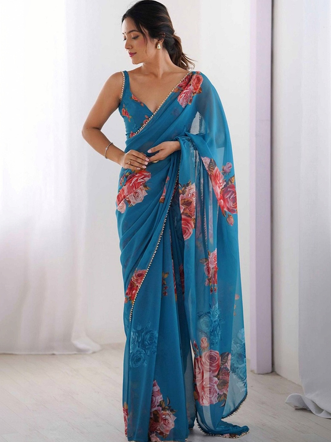 DWIJA FASHION Floral Beads and Stones Poly Georgette Saree