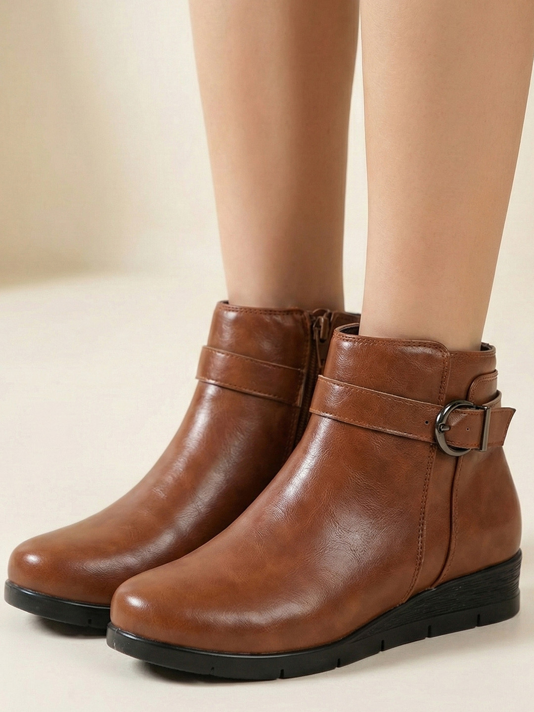 FAUSTO Women Tan High Ankle Broad Feet Side Zipper Closure Casual Buckle Boots