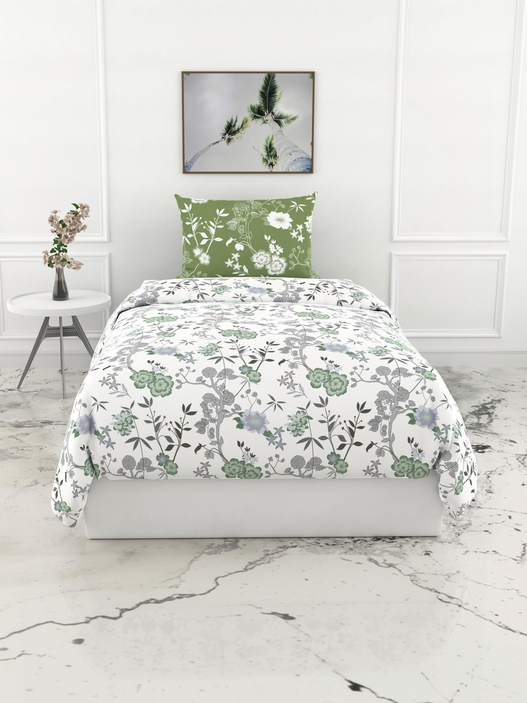 LORETO White Floral 144 TC Single Bedsheet with 1 Pillow Covers