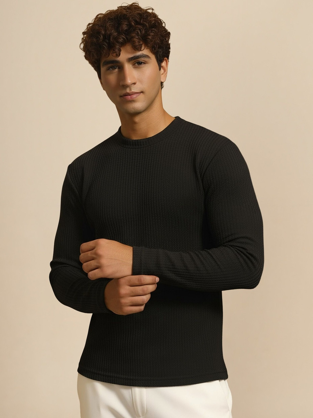 COFFEE BITE Self Design Round Neck Casual T-Shirt