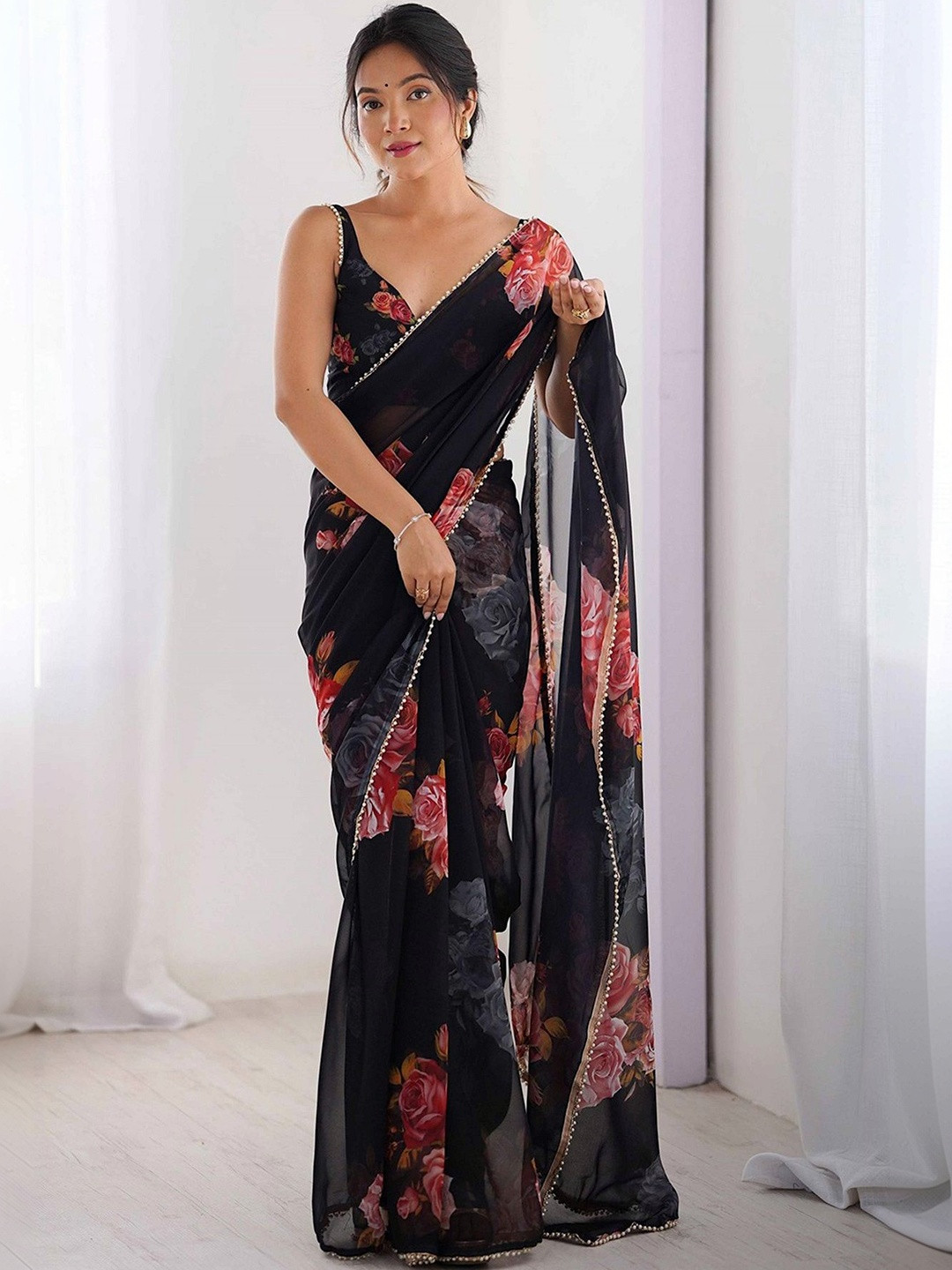DWIJA FASHION Floral Beads and Stones Poly Georgette Saree