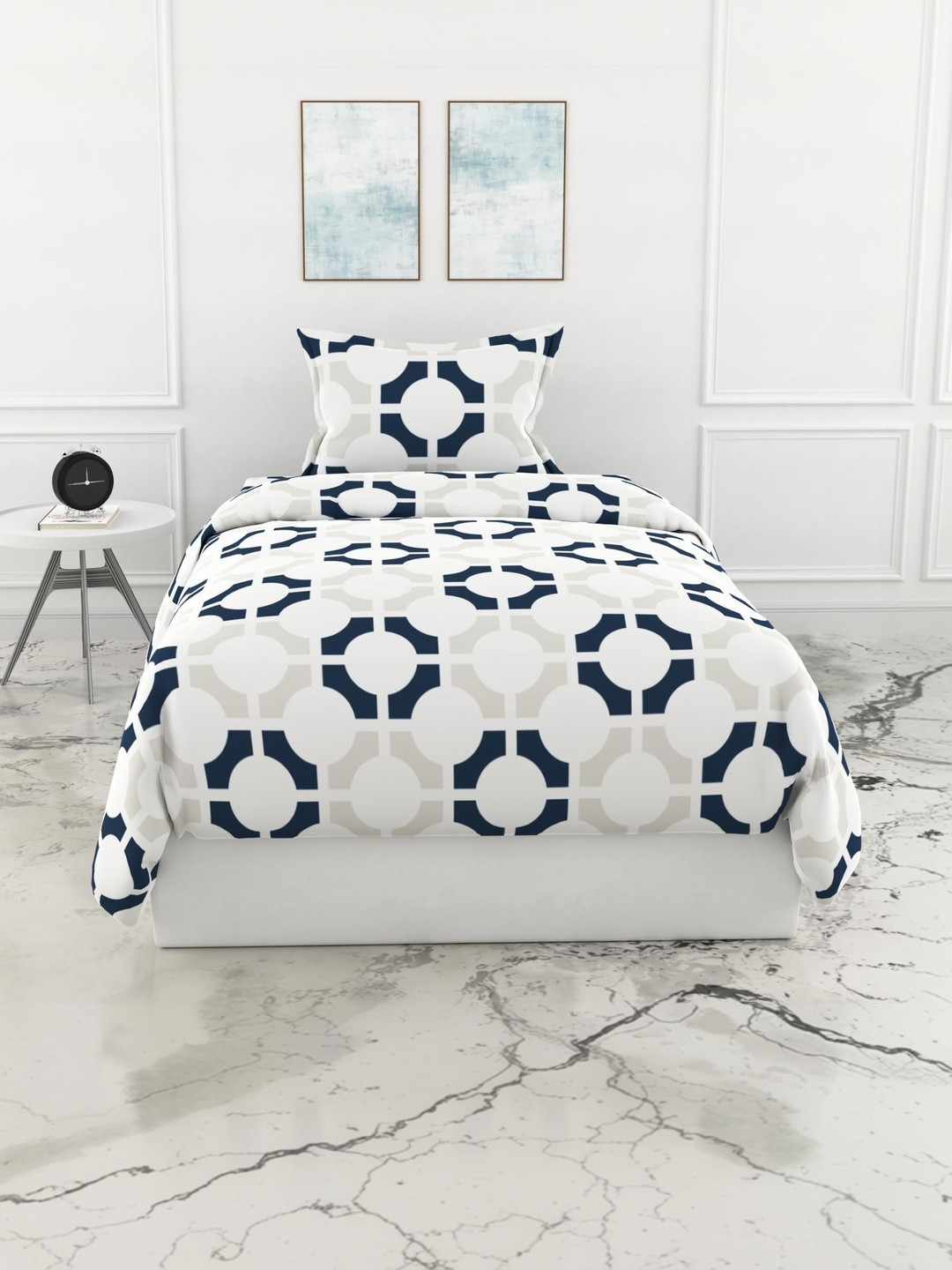 LORETO White Geometric 144 TC Single Bedsheet with 1 Pillow Covers